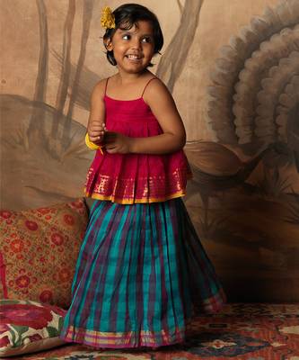 Pink top and multicolor cotton silk lehenga set 2