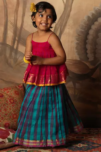 Pink top and multicolor cotton silk lehenga set
