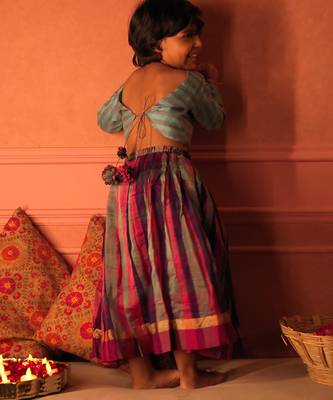 Blue cotton silk blouse and multicolor lehenga set 2