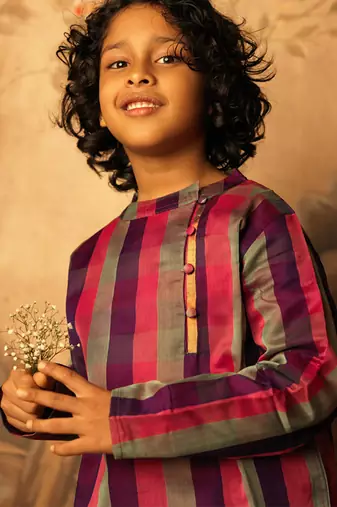 Purple and multicolor cotton silk side button kurta