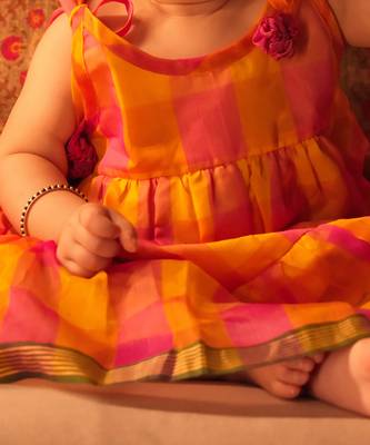 Yellow and pink cotton silk tiered dress 3