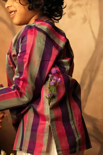 Purple and multicolor cotton silk side button kurta