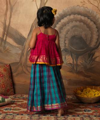 Pink top and multicolor cotton silk lehenga set 3