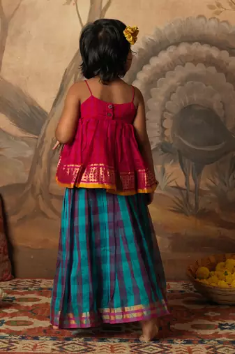 Pink top and multicolor cotton silk lehenga set