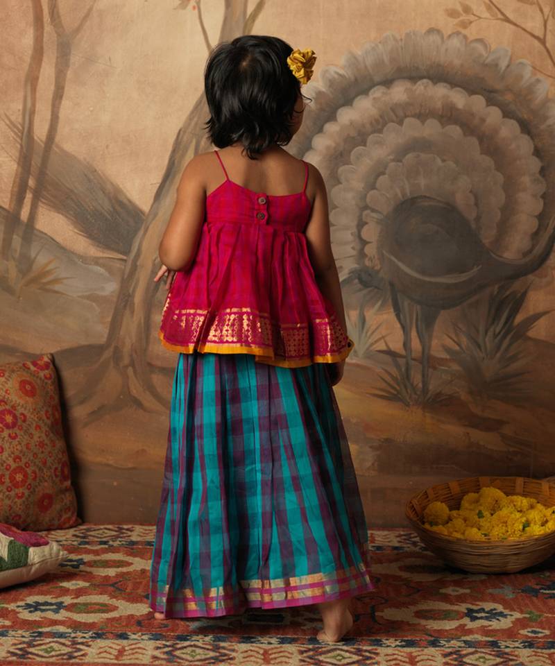 Pink top and multicolor cotton silk lehenga set