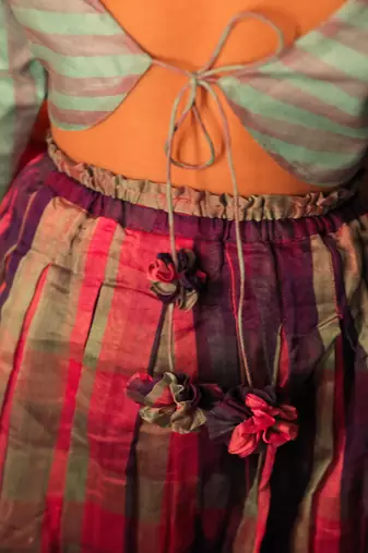 Blue cotton silk blouse and multicolor lehenga set