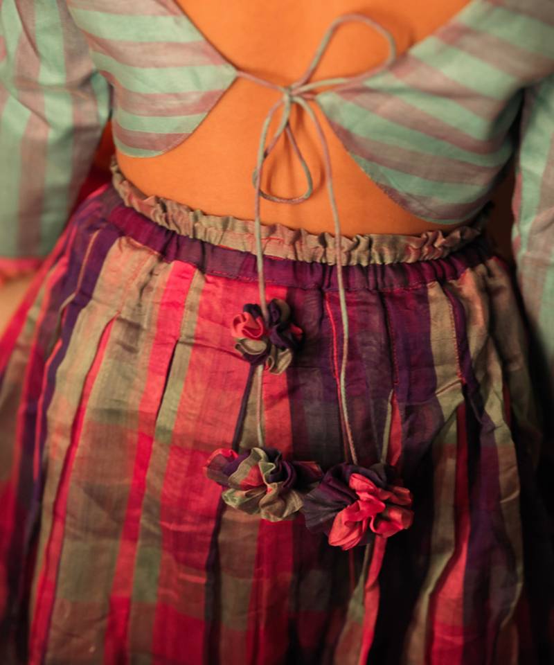 Blue cotton silk blouse and multicolor lehenga set