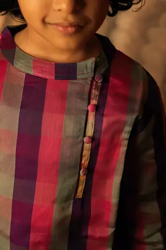 Purple and multicolor cotton silk side button kurta