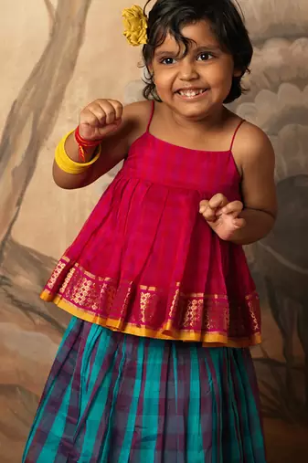 Pink top and multicolor cotton silk lehenga set