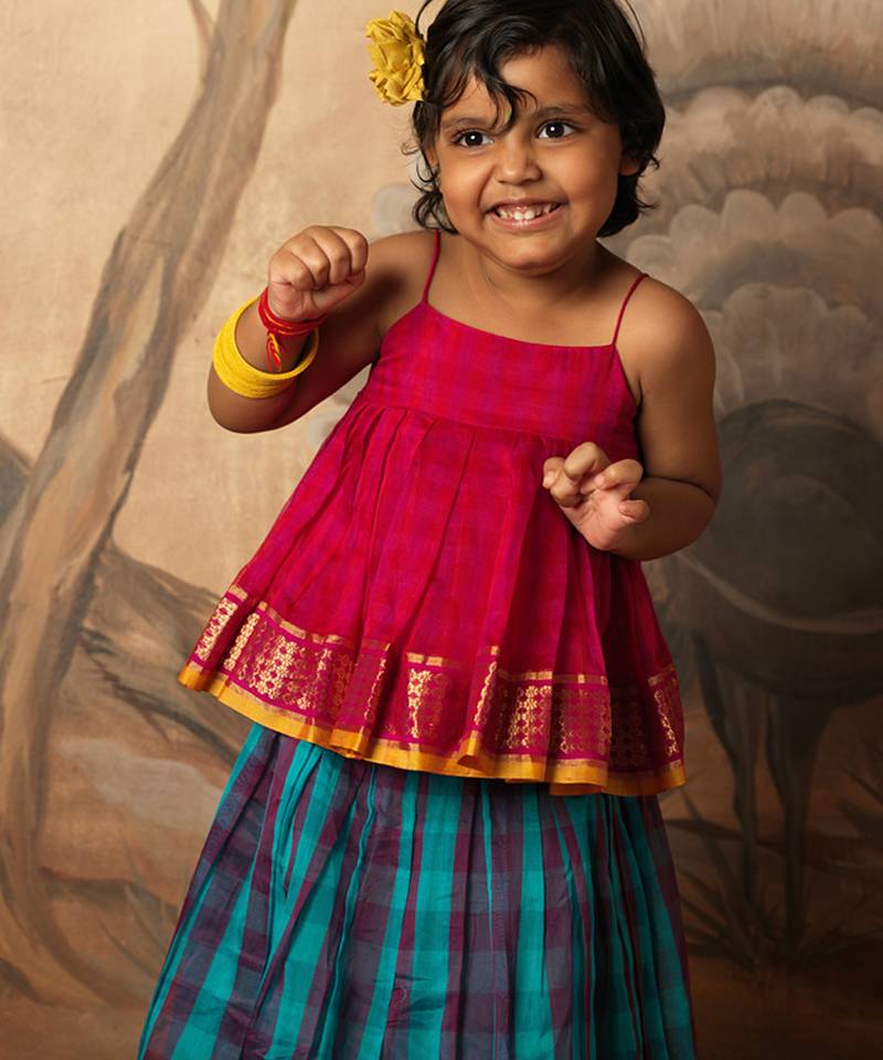 Pink top and multicolor cotton silk lehenga set