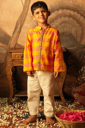 Yellow and pink cotton silk jodhpuri kurta