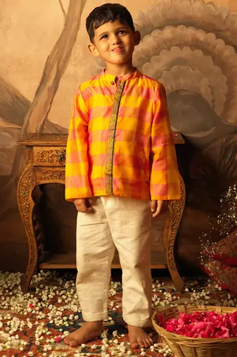 Yellow and pink cotton silk jodhpuri kurta