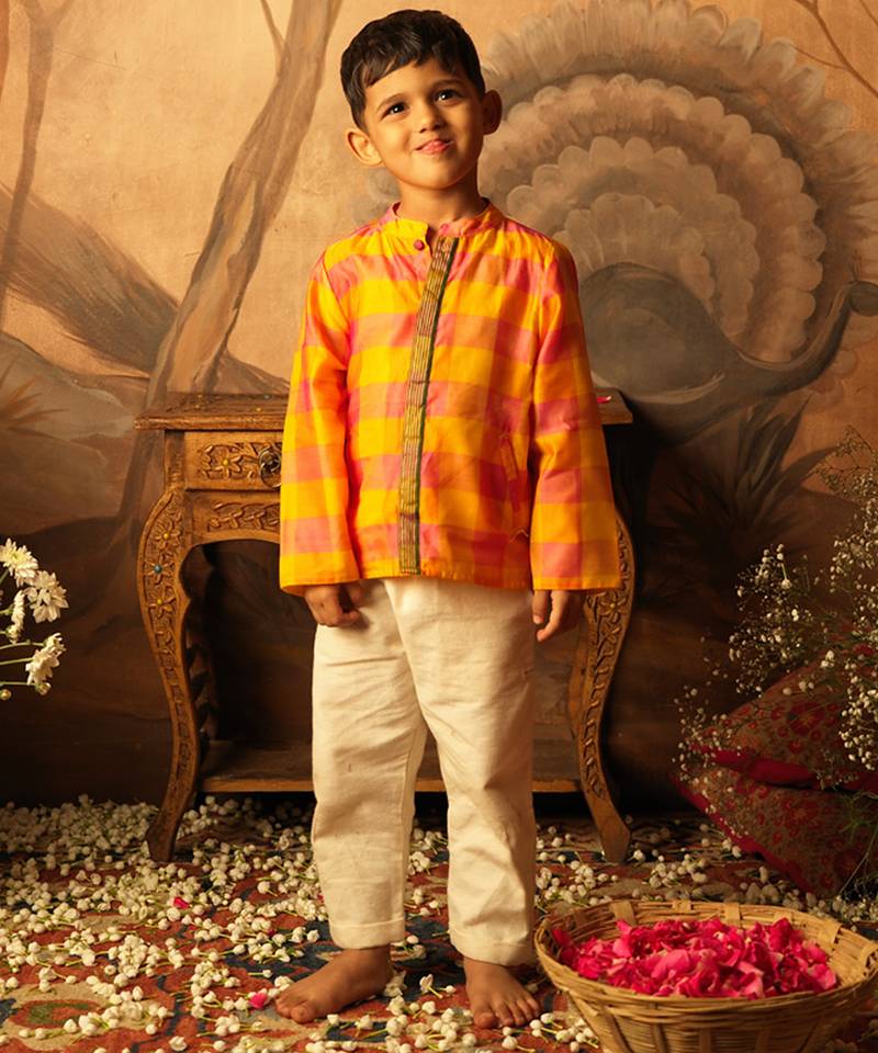 Yellow and pink cotton silk jodhpuri kurta
