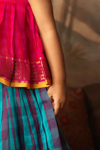 Pink top and multicolor cotton silk lehenga set