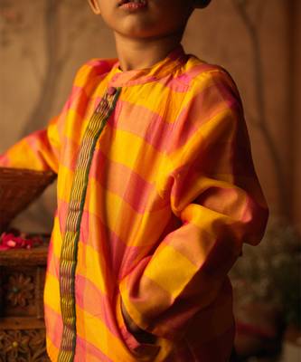 Yellow and pink cotton silk jodhpuri kurta 2