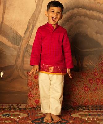 Pink and red cotton silk kurta 1