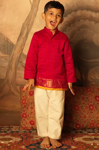 Pink and red cotton silk kurta