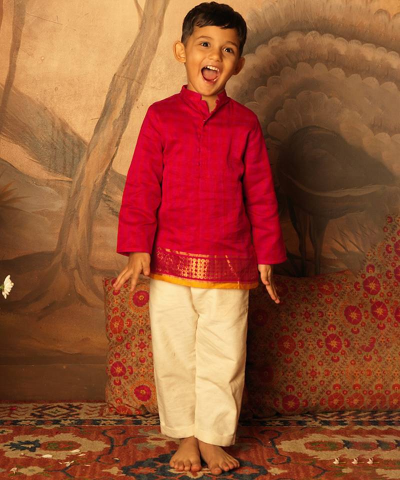 Pink and red cotton silk kurta
