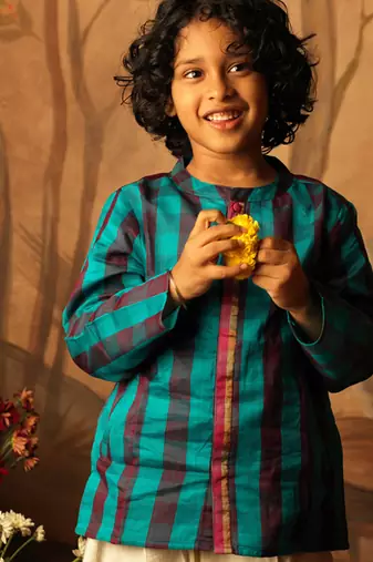 Blue and purple cotton silk jodhpuri kurta