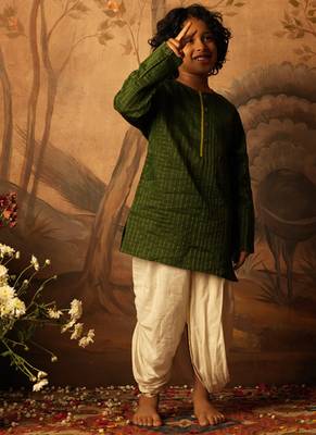Green cotton silk textured kurta 5