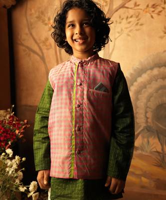 Pink and light blue cotton silk nehru jacket 1