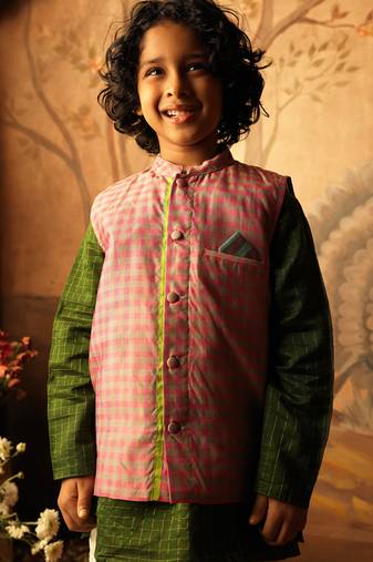 Pink and light blue cotton silk nehru jacket