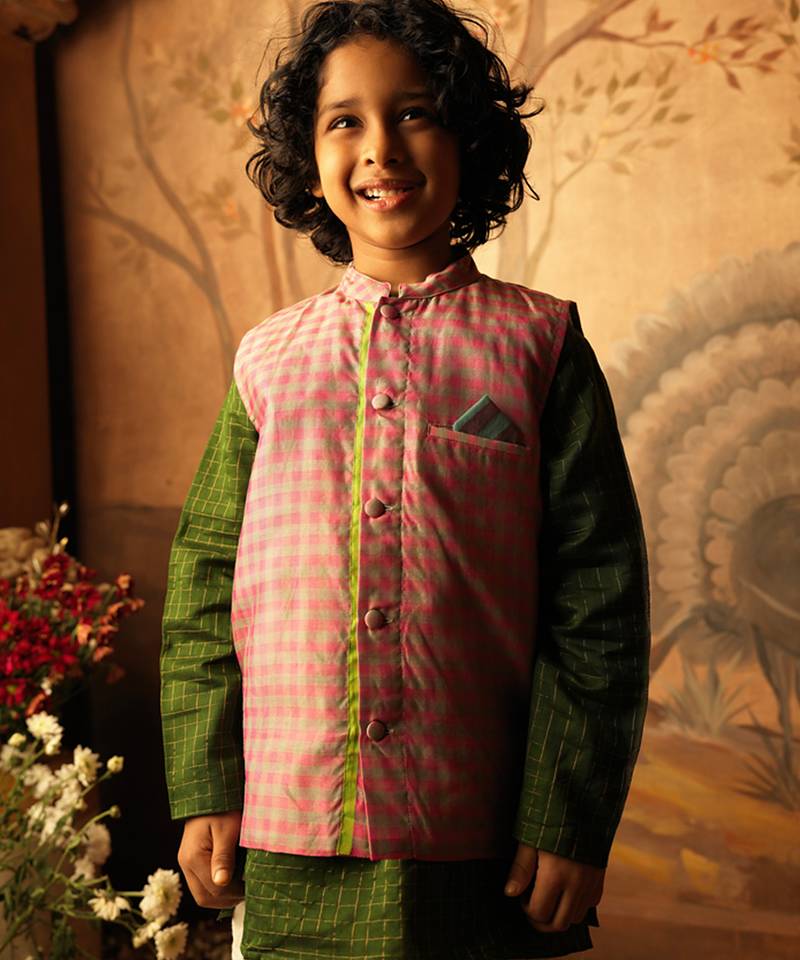 Pink and light blue cotton silk nehru jacket