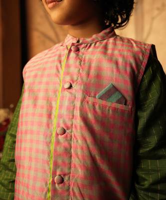 Pink and light blue cotton silk nehru jacket 2