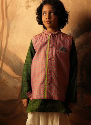 Pink and light blue cotton silk nehru jacket 3