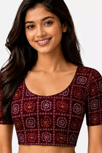 Wine spandex bandani printed stretchable readymade saree blouse
