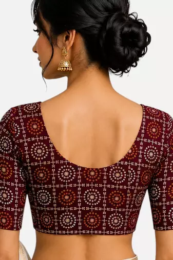 Wine spandex bandani printed stretchable readymade saree blouse