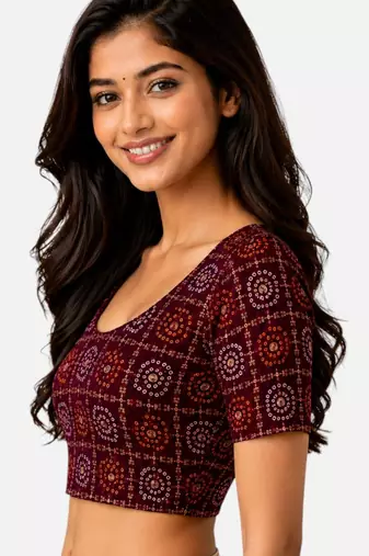 Wine spandex bandani printed stretchable readymade saree blouse