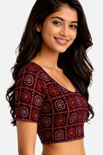 Wine spandex bandani printed stretchable readymade saree blouse