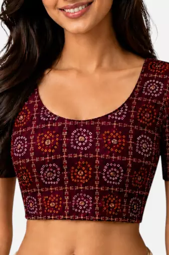Wine spandex bandani printed stretchable readymade saree blouse