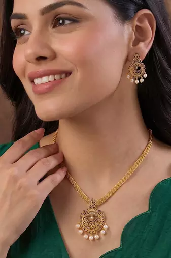 Gold tone statement necklace set for women with royal blue crystal