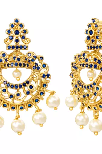 Gold tone statement necklace set for women with royal blue crystal