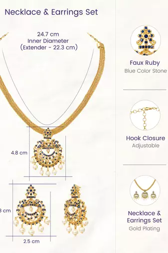 Gold tone statement necklace set for women with royal blue crystal