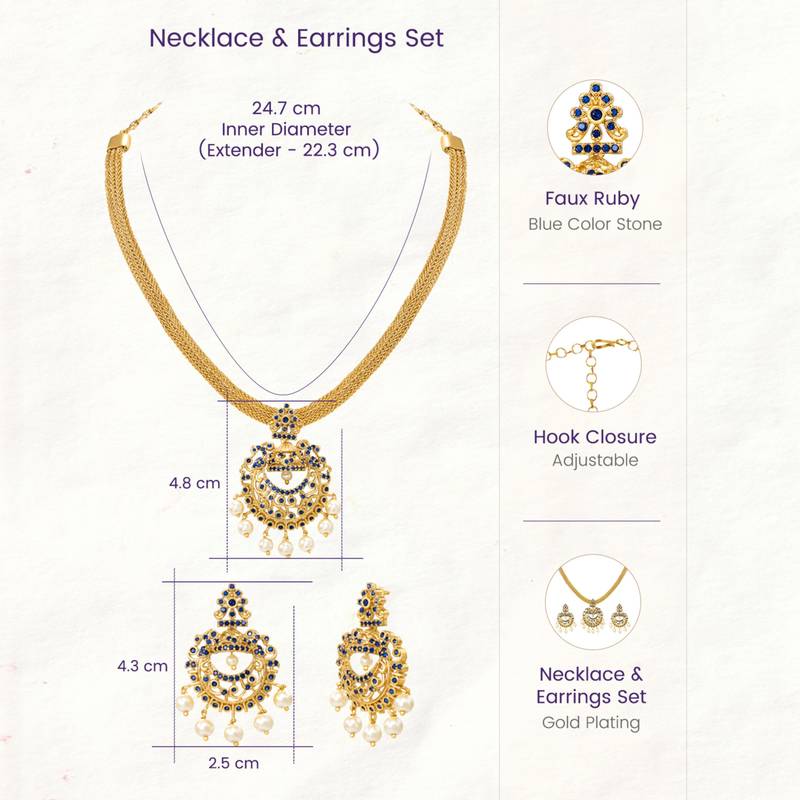 Gold tone statement necklace set for women with royal blue crystal