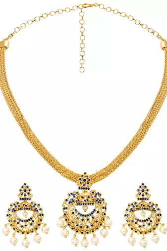 Gold tone statement necklace set for women with royal blue crystal