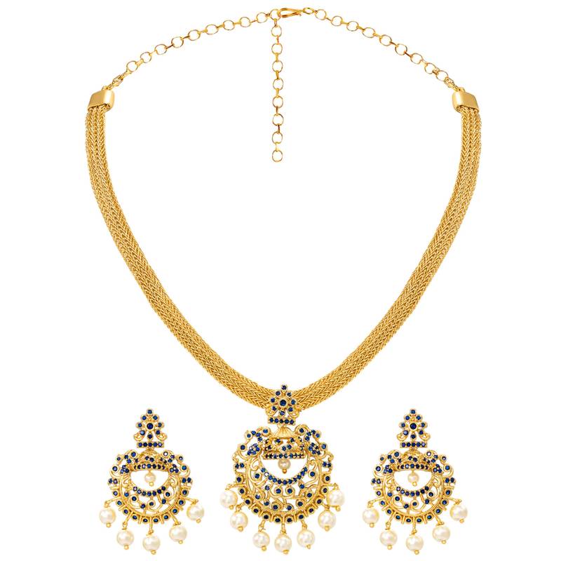 Gold tone statement necklace set for women with royal blue crystal