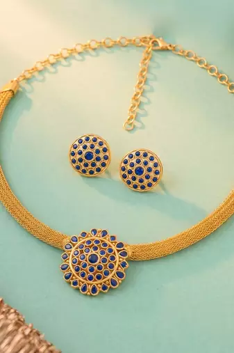 Gold tone statement necklace set for women, royal blue crystal mesh