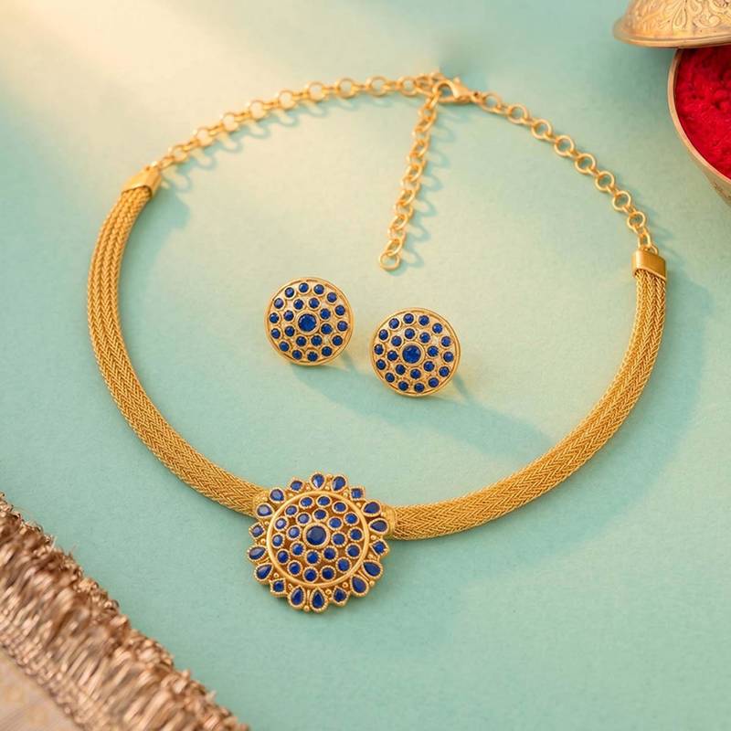 Gold tone statement necklace set for women, royal blue crystal mesh