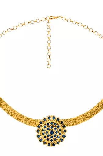 Gold tone statement necklace set for women, royal blue crystal mesh