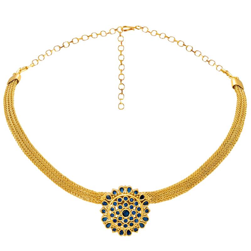 Gold tone statement necklace set for women, royal blue crystal mesh