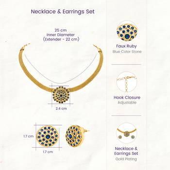 Gold tone statement necklace set for women, royal blue crystal mesh 4