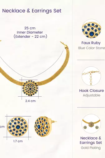 Gold tone statement necklace set for women, royal blue crystal mesh