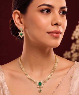 Gold tone statement necklace set for women, green crystal pendant 1