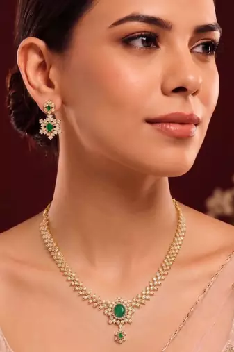 Gold tone statement necklace set for women, green crystal pendant
