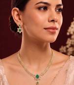 Gold tone statement necklace set for women, green crystal pendant