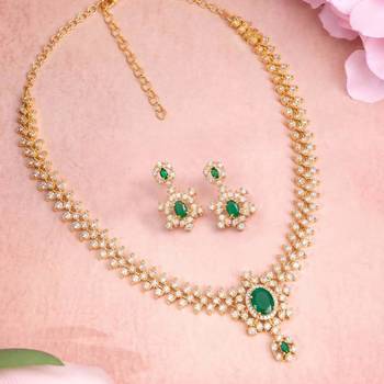 Gold tone statement necklace set for women, green crystal pendant 2